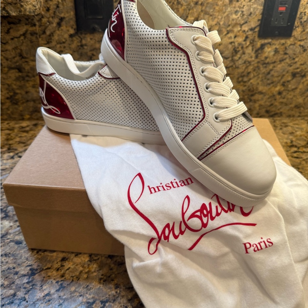 Christian Louboutin Fun Vieira flat calf/perf White Sneakers w/ Red Details NIB